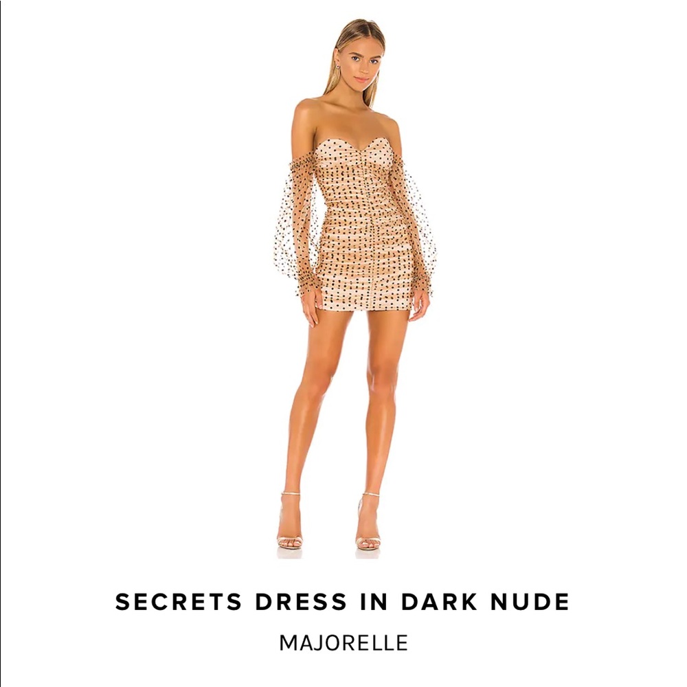 Dark nude mini dress. Puffy mesh sleeves.
